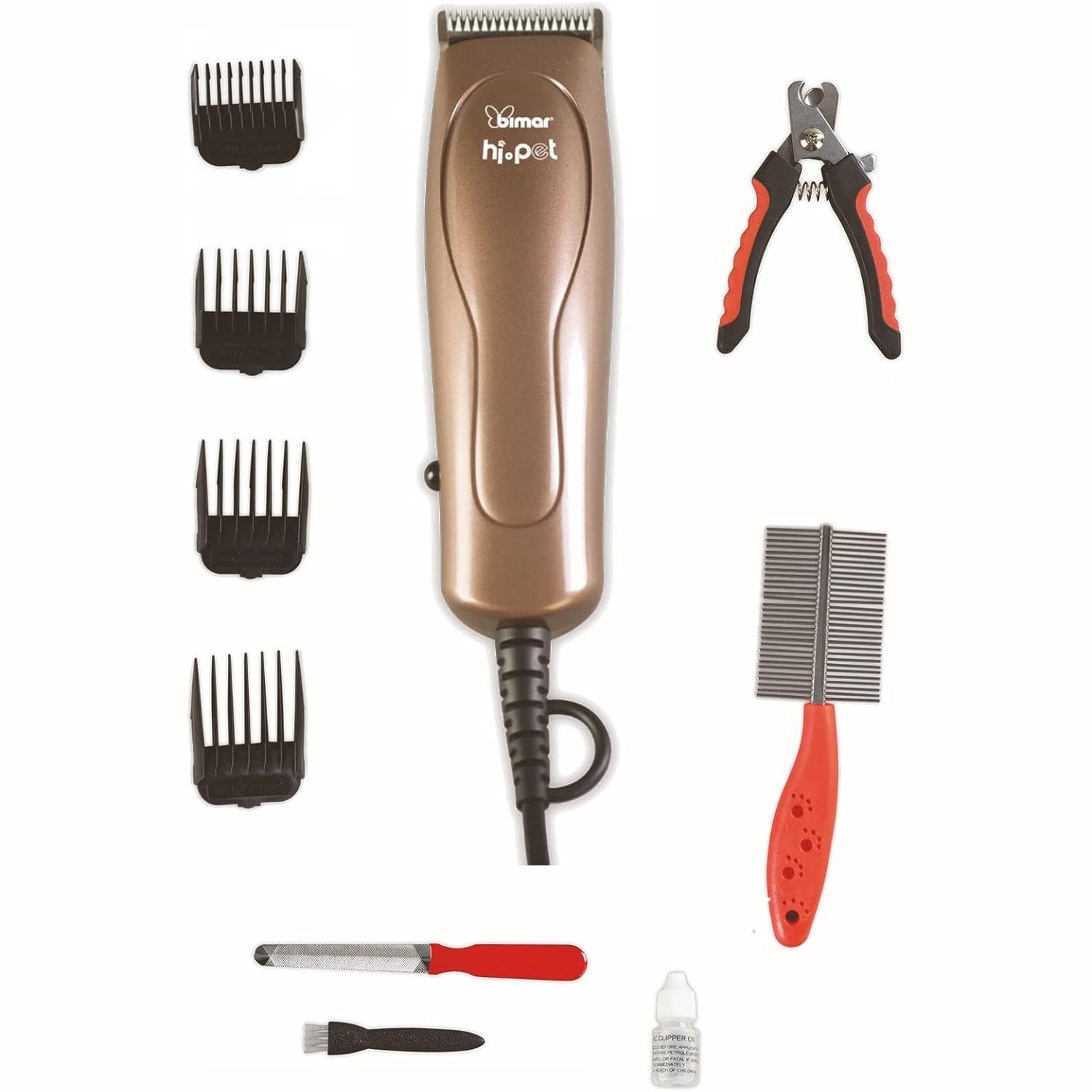 Bimar HI.PET PTE1 Tosatrice per cani con Cavo Elettrico e Accessori, kit toelettatura cani e Animali Domestici Comprende Spazzola e Pettine in Metallo, Tronchesino e Lima Unghie, Rasoio per Cani