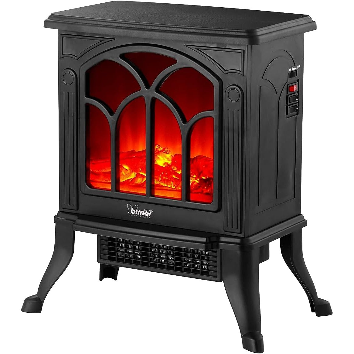 Bimar HFP02 Caminetto Elettrico da Pavimento con Effetto Fiamma Camino con Termoventilatore Resistenza Ceramica PTC a Basso Consumo, Termostato Regolabile e 2 Potenze di Riscaldamento