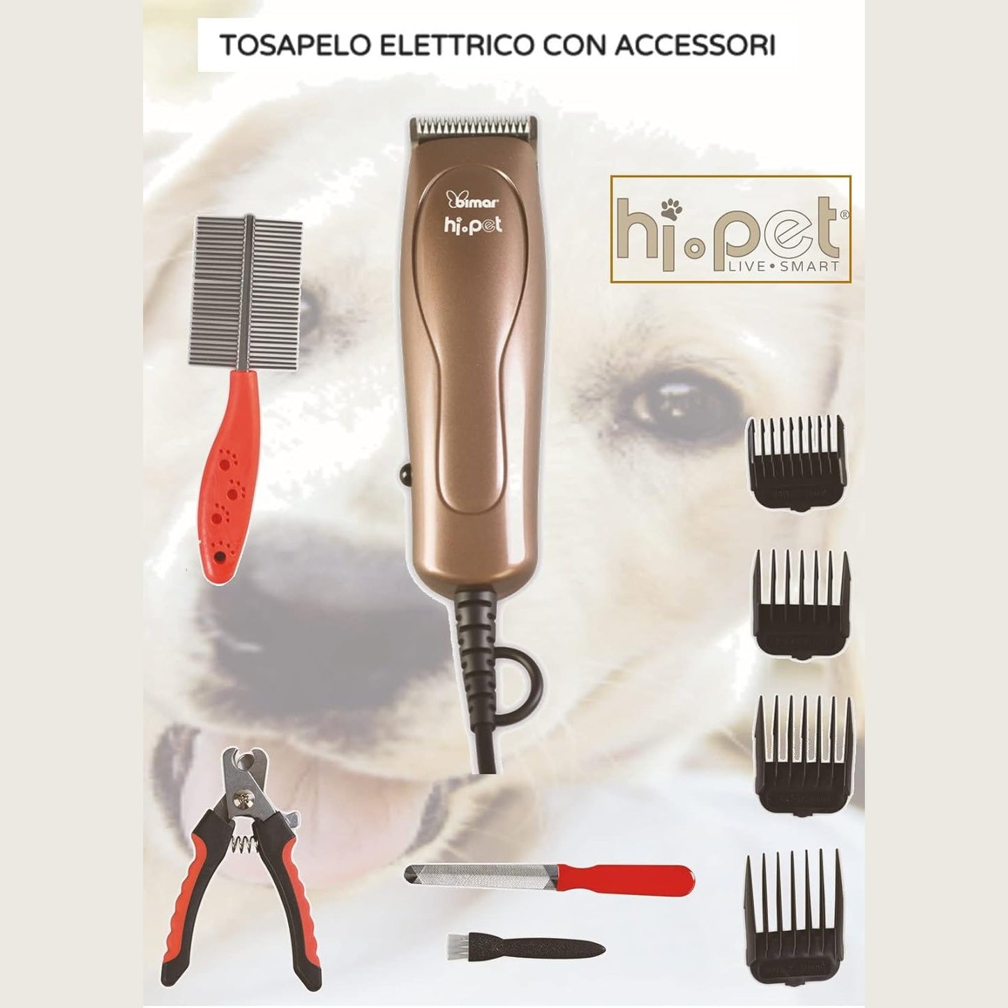 Bimar HI.PET PTE1 Tosatrice per cani con Cavo Elettrico e Accessori, kit toelettatura cani e Animali Domestici Comprende Spazzola e Pettine in Metallo, Tronchesino e Lima Unghie, Rasoio per Cani