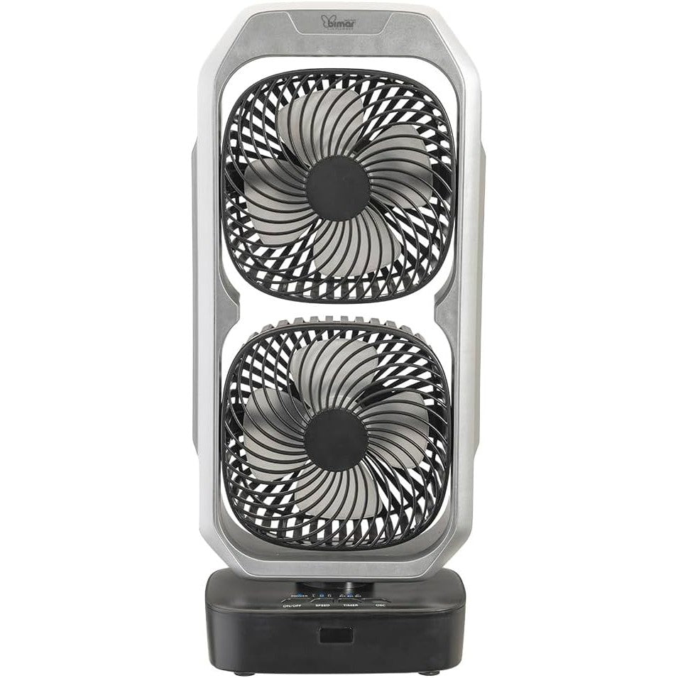 bimar VTR2 Ventilatore portatile, Ventilatore da tavolo, Ventilatore senza filo, Bi-elica, autonomia 6 h½, 3 velocità, Timer 8h, Con telecomando, 2 Ventole orientabili, Cavo USB