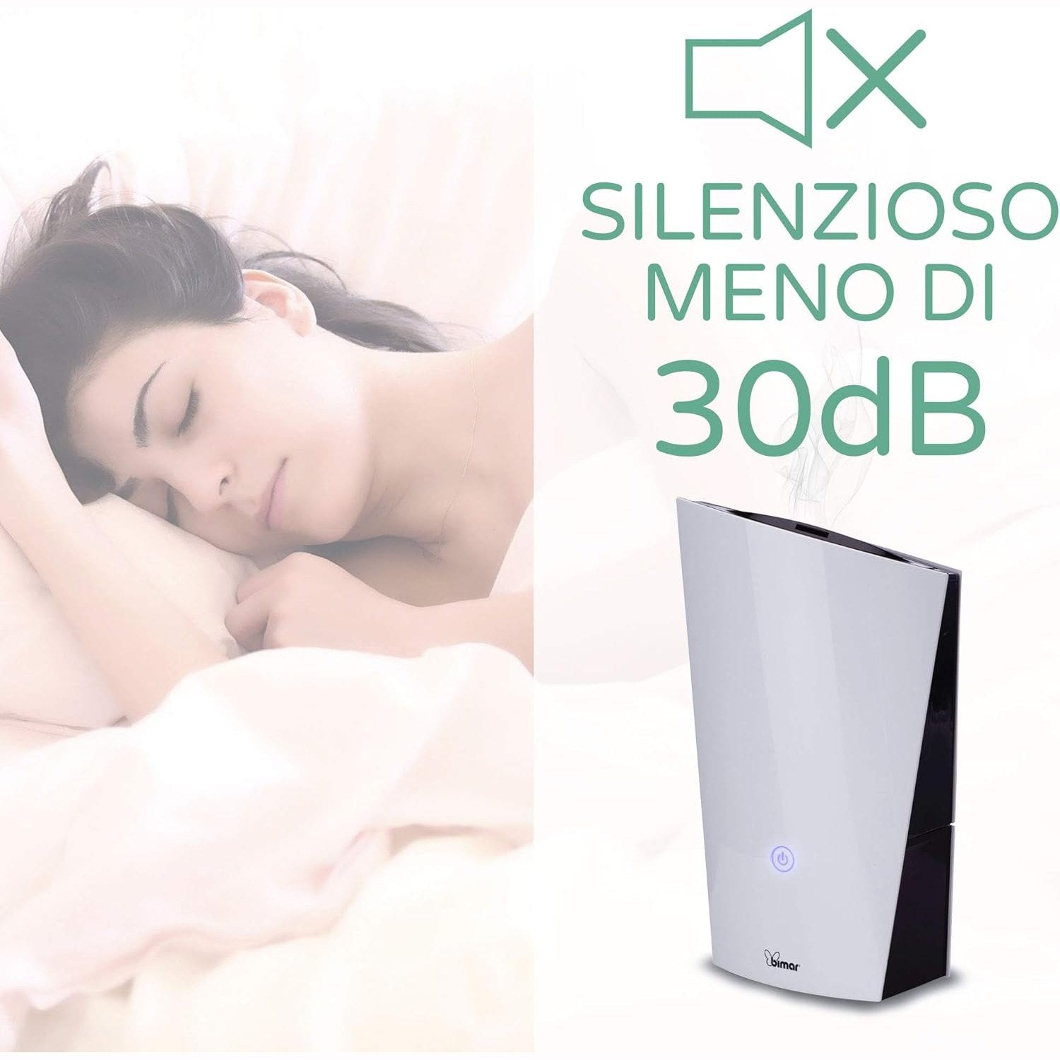 Bimar UM5 Umidificatore Ultrasuoni per Ambiente 1,3L, Silenzioso, Vaporizzatore Nebbia, Purificatore Aria con 2 modalità di Vapore, Automatico, per Bambino, Rinfrescante, Casa e Ufficio, Diffusore