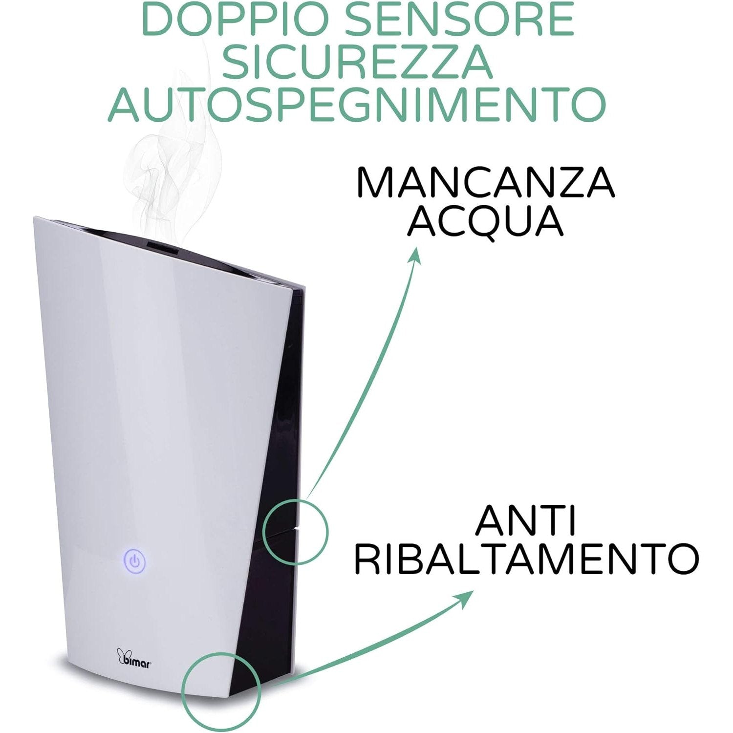 Bimar UM5 Umidificatore Ultrasuoni per Ambiente 1,3L, Silenzioso, Vaporizzatore Nebbia, Purificatore Aria con 2 modalità di Vapore, Automatico, per Bambino, Rinfrescante, Casa e Ufficio, Diffusore